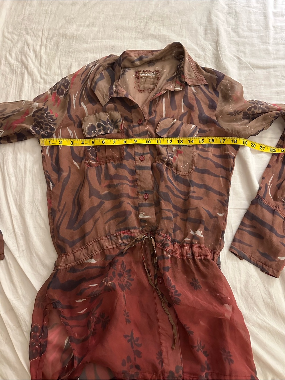 Women's Brown & Rust Patterned Drawstring Button-Down Shirt - Picture 4 of 4